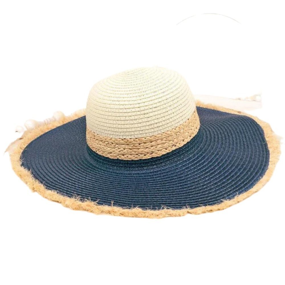 Cancun Cabana Navy & Ivory Paper Straw Wide Brim Floppy Sun Hat NWT